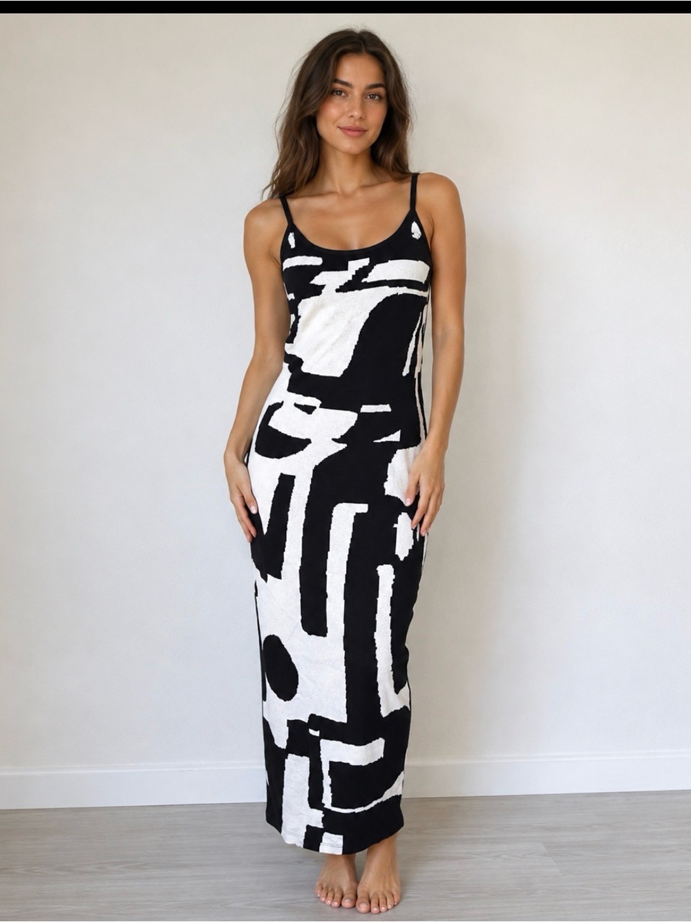 Black & White Abstract Print Maxi Dress with Slim Straps